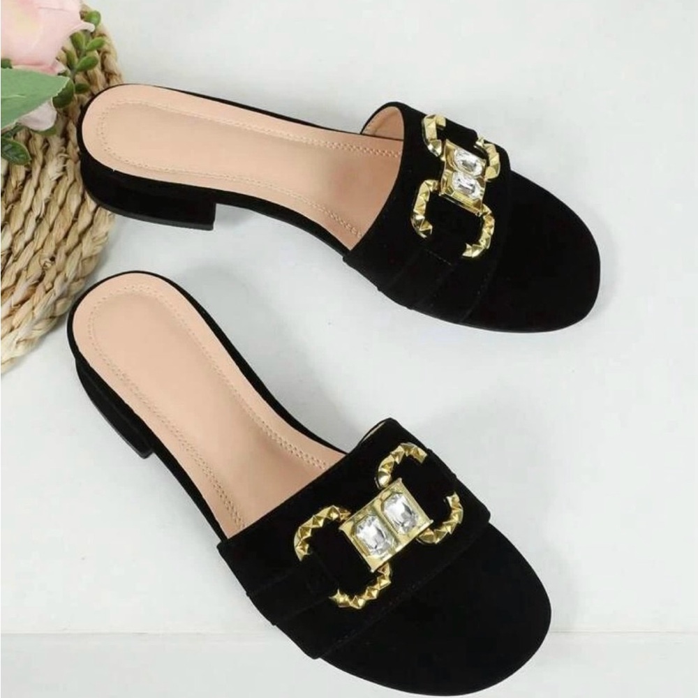 New - Women’s Black Rhinestone Faux Suede Sandals / Shoes